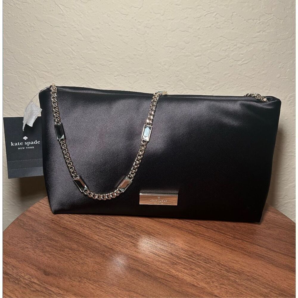 Kate Spade Anya Chain Strap Satin Shoulder Bag Black Gold Evening Glam Date NWT